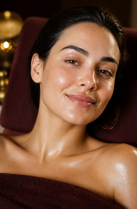 Close-up van een ontspannen gezicht met een frisse glow na een Goddess behandeling